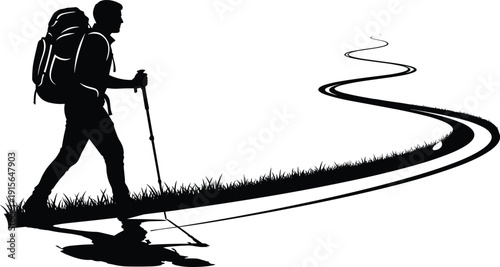 Black silhouette of a male backpacker hiking with poles along a winding mountain trail isolated on a white background.
