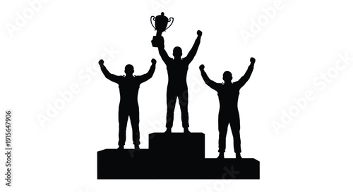 Three victors celebrate on a podium raising a trophy silhouette