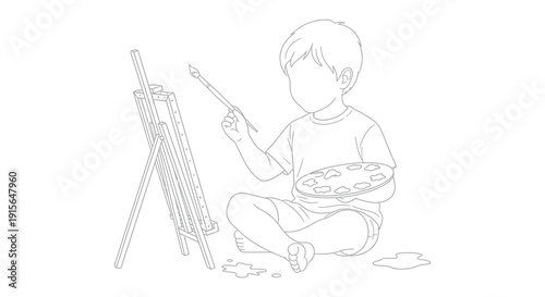 A black and white line drawing depicts a young boy seated and painting on an easel holding a paintbrush and palette