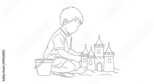 A black and white line drawing depicts a young boy seated on the sand building a detailed sandcastle with a small bucket nearby