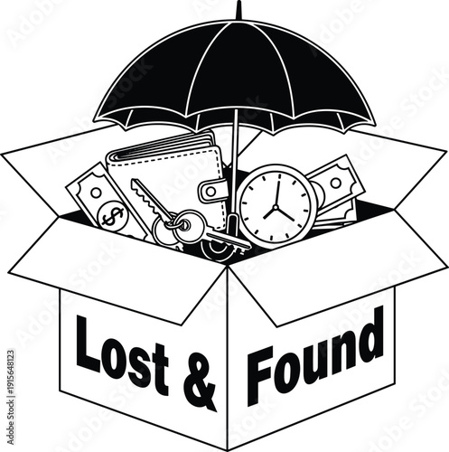 Lost and Found Box Illustration with Umbrella, Wallet, Keys, Clock and Money, Black and White Concept for Security and Recovery