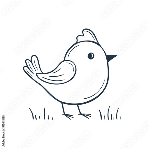 hand-drawn outline bird standing on grass. Simple, cartoon illustration of a charming chicken. For children books, eco-projects, website icons, or decorative elements, coloring pages, prints