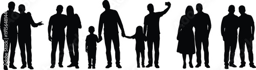 Black silhouettes of diverse happy casual people including families couples and friends standing together on white background.