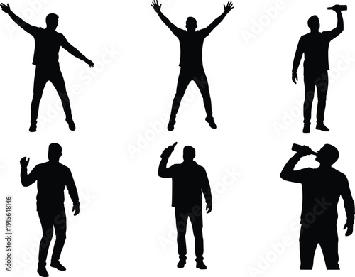 Dynamic black silhouettes of excited young men cheering jumping and drinking from bottles isolated on white background.