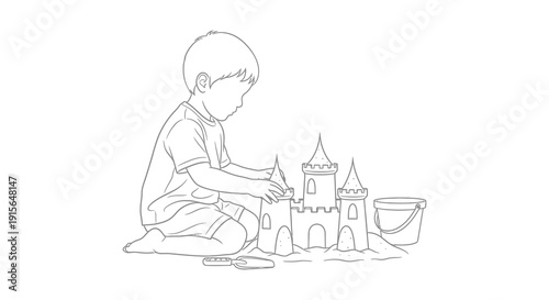 A black and white line drawing depicts a young boy kneeling and building a sandcastle with a bucket and small tools on the