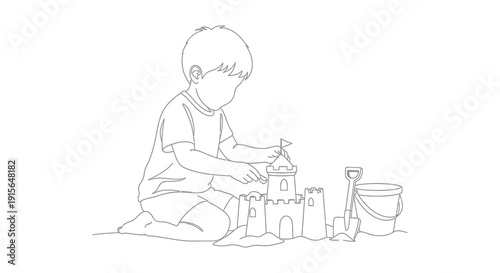 A black and white line drawing depicts a young child kneeling on the sand building a small sandcastle with a shovel and bucket