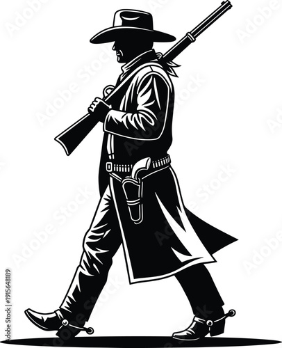 Detailed black and white vector silhouette illustration of a classic western cowboy walking with a rifle isolated.