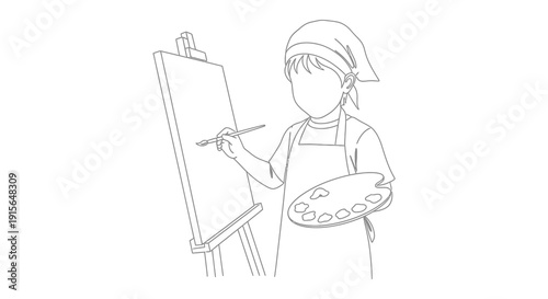 A black and white line drawing depicts a young artist wearing an apron and hat painting on an easel with a brush and