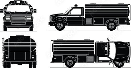 Detailed black and white vector silhouette blueprints showing front side and top views of a commercial tanker truck.