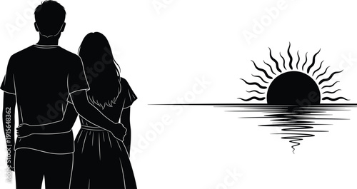 Elegant black line art and silhouette illustration of a romantic couple standing together watching a bright morning sunrise.