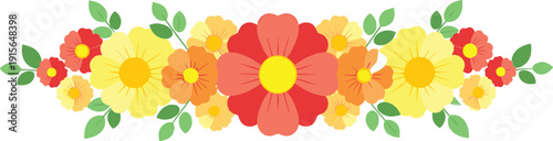 Vibrant floral garland with colorful blossoms and green leaves in a decorative arrangement isolated on transparent background, Vector