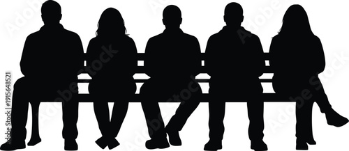 Black silhouette vector illustration of a group of anonymous people sitting together in a row on a park bench.
