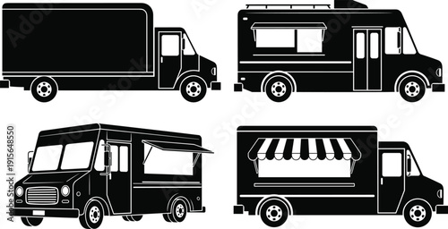 Black and white silhouette vector collection of various commercial delivery vans and street food trucks isolated on white background.