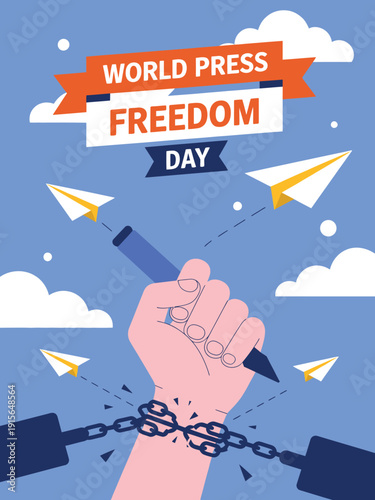 Hand Breaking Chains with Paper Planes Flying Press Freedom Day