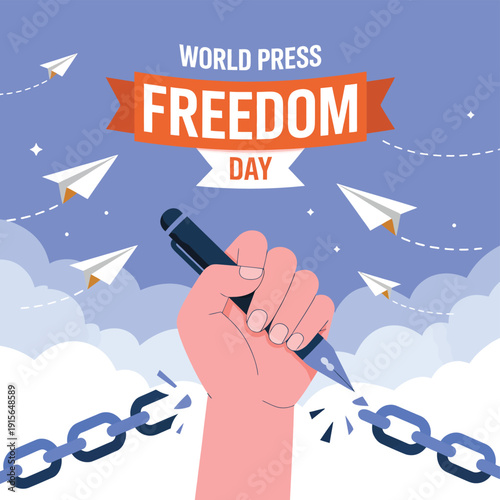 Hand Holding Pen Breaking Chains with Paper Planes in Sky