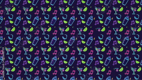 Neon Nightlife Cocktail Pattern in Seamless Vector Background
