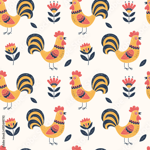 Cute roosters pattern. Traditional folk birds seamless pattern. Textured hand drawn birds and flowers background.
