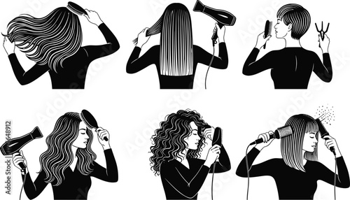 Collection of elegant women styling hair silhouettes featuring brushing blow drying curling and straightening isolated on a white background.