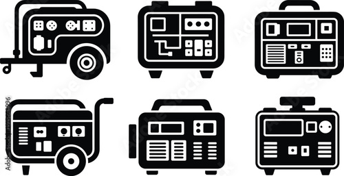 Set of black portable generator, electric power supply, energy equipment icons, industrial backup power, electric generator vector collection illustration
