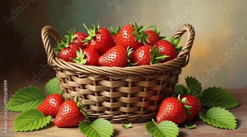 Image is a digital painting featuring a rustic, woven basket filled with vibrant red strawberries, placed on a textured surface. The style is impressionistic, with soft brush strokes and a warm color 