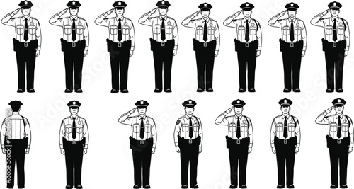 Collection of detailed black male police officer silhouettes in uniform featuring various standing and saluting poses isolated on white background.
