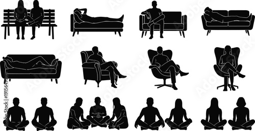 Collection of black silhouettes featuring people relaxing on sofas sitting on park benches and resting cross legged on the floor.