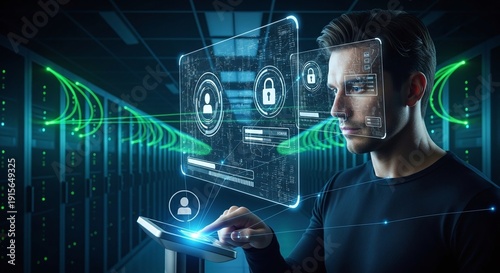 Person using digital interface with security icons in a modern data center server room.