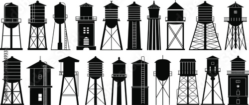 Set of black water tower silhouettes, industrial storage tanks collection, utility water tanks vector, elevated water reservoirs illustration