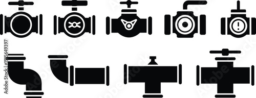 Set of black valve and pipe icons, plumbing system symbols, water flow control, industrial pipe fittings, isolated on white background
