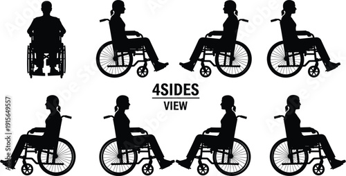 Set of detailed black silhouettes showing a person sitting in a wheelchair from front back and side views.