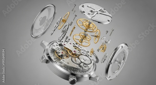 Exploded view of a luxury mechanical watch movement with intricate gears and components suspended in mid-air, showcasing precision craftsmanship.