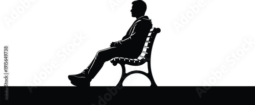 Detailed black silhouette illustration of a lonely young man sitting quietly and relaxing on a park bench on white background.