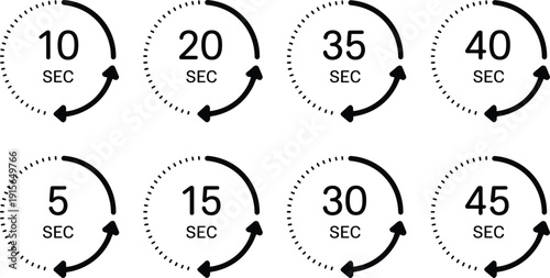 Set of circular countdown timer icons with dotted and solid arrows showing different seconds, stopwatch symbols, time intervals, timer concept