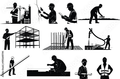 Construction workers engaged in various tasks and activities silhouette