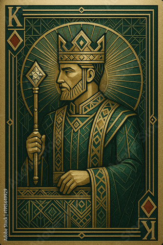 Art Deco luxury King of Diamonds playing card with golden crown and geometric patterns