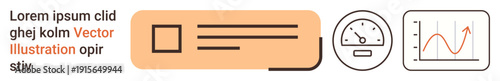 Business analytics, data visualization, performance metrics, dashboard design, workflow optimization, progress tracking. Includes text placeholder, speedometer gauge and line graph icon. Data