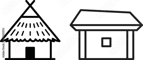 Traditional hut triangular thatched roof doorway, modern house rectangular design slanted roof window, black and white architectural illustration set, cultural dwelling artwork