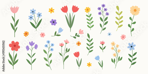 Set of spring and summer abstract hand-drawn flowers. Floral cute doodle elements, wildflower, leaves, herb, plants,foliage. Colorful drawing brush, crayon,and line.8 March, Mother's Day, Happy Easter