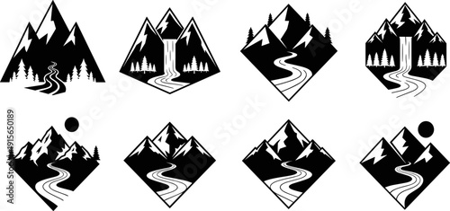 Snow capped mountain peaks rivers waterfalls, pine tree forest nature scenes, geometric shapes diamond hexagon frames, black and white outdoor landscape illustration artwork
