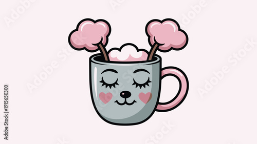 Cute grey mug with pink hearts and closed eyes holding pink cotton candy on sticks keywords: drink beverage