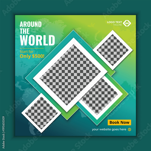 Global travel social media marketing template promoting around the world trip offer for tourism advertising