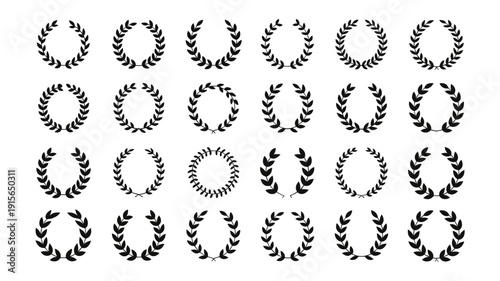 Collection of twenty keywords: black laurel wreath arranged in a grid on a white background victory