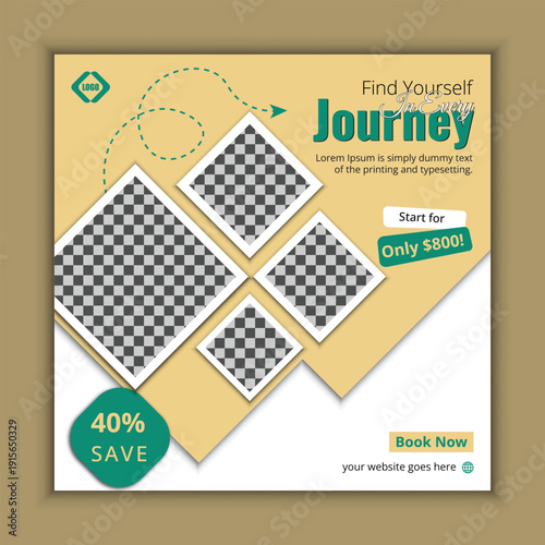 Adventure travel social media marketing template with promotional discount offer for tourism and vacation campaigns