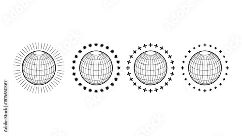 Four keywords: black line globes with different surrounding decorative on white background earth planet