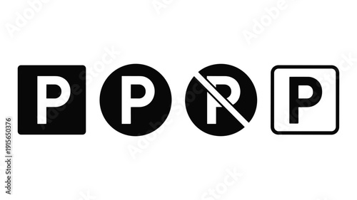 Four keywords: black and white parking signs P symbol variations on white background letter