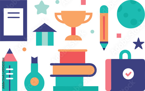 Colorful education and school icons isolated on transparent background, Vector, illustration