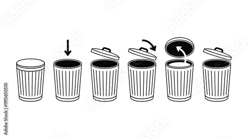 Sequence of keywords: black and white line showing a trash can with lid opening and closing garbage waste