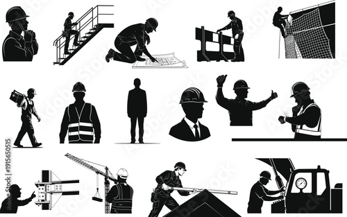 Collection of black silhouette icons depicting various occupations and daily activities