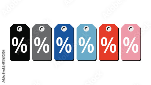 Six colorful price tags with percentage symbols in keywords: white on a white background sale discount