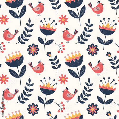 Textured birds and flowers background. Cute baby birds pattern. Traditional folk birds seamless pattern.